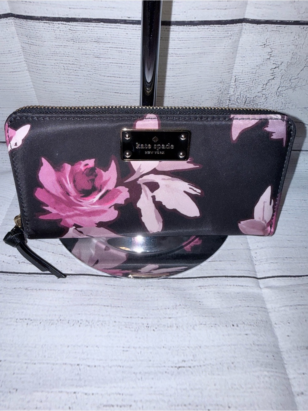 kate spade Black Wallet with Pink Rose Floral Print